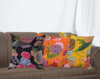 Fruit Print Handgestikte vintage Kantha kussenhoes | Indiase kussenhoes | boho kussen | gooi kussen