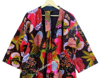 Indian HandMade Kantha Quilt Jacket Kimono Women Wear Boho Black Color Front Open Quilted Jacket