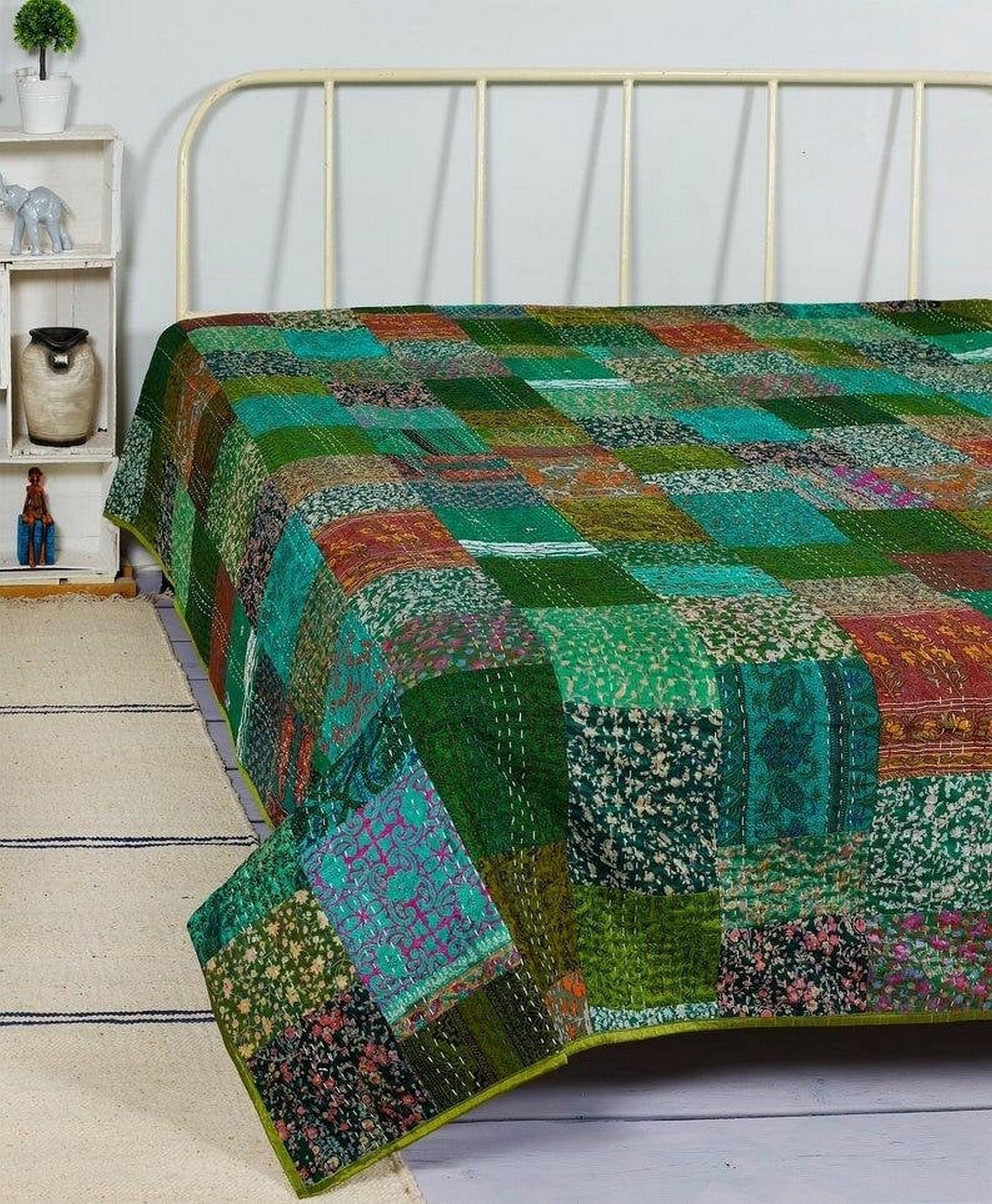 Indian cotton kantha quilt Bedding throw bed coverlet bedspread twin size Handmade vintage blanket
