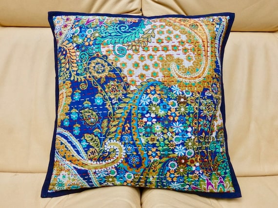 Big Size Pillow Covers Blue Kantha Cushion Covers Blue Farmhouse