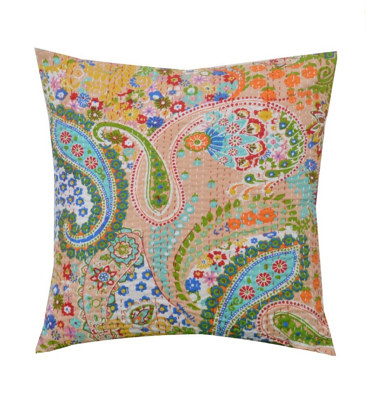 Cotton Indian Paisley Kantha Handmade Pillow Sofa Throw Cushion-Cover-Decor Cotton Indian Paisley Kantha Handmade Pillow Sofa Throw Cushion-Cover-Decor
