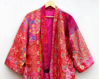 Indian HandMade Kantha Quilt Jacket Kimono Women Wear Boho Pink Color Front Open Quilted Jacket