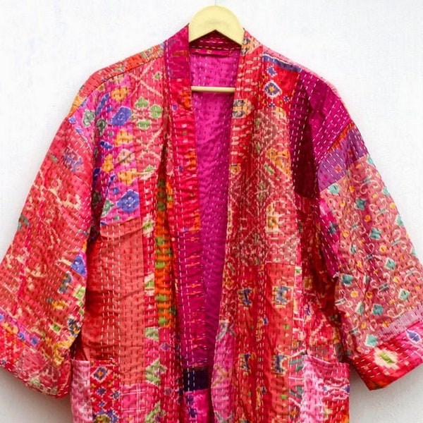 Indian HandMade Kantha Quilt Jacket Kimono Women Wear Boho Pink Color Front Open Quilted Jacket