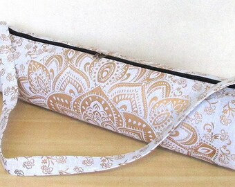 White Mandala Yoga Bag, Carrier Gym Bag, Shoulder Strap, Unisex Yoga Mat Bag, Mandala Yoga Bag, Indian Handmade Yoga Bag