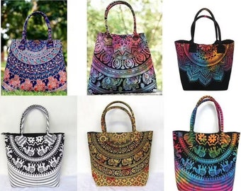 Handbag multicolored fabrics multicolored mandala patterns, handmade bag in India