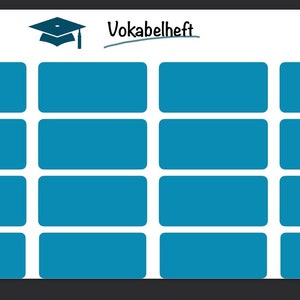 Könnte beinhalten: Eine weiße Tafel mit dem Text "Vokabelheft" in Schwarz. Die Tafel ist in 12 blaue Quadrate unterteilt.