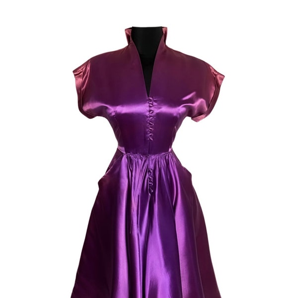 Liquid Satin Vintage 1940's Magenta Purple Fit and Flare Dress