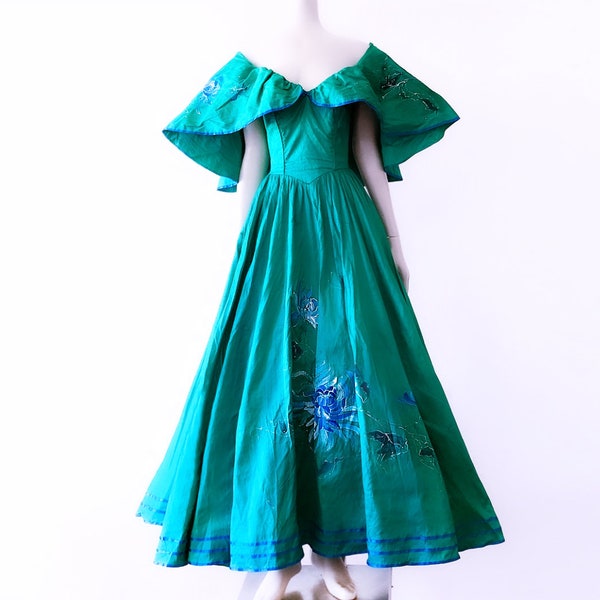 Fantastic Original Trudie McCarthy Hand painted Pure Silk Dress Full Circle Skirt Petticoat 50s