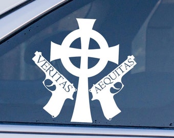 Boondock Saints Inspired Veritas Aequitas Vinyl Decal, Celtic Cross Bumper Sticker for helmets, bikes, truck car accessories indoor outdoor