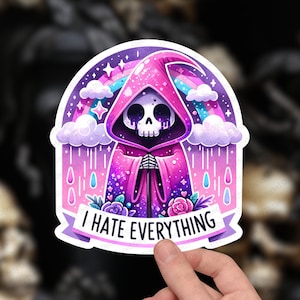 I Hate Everything, Pastel Grim Reaper Skeleton Sticker, Dark Humor Skeleton Sticker for tumblers, laptops, notebooks, cell phones