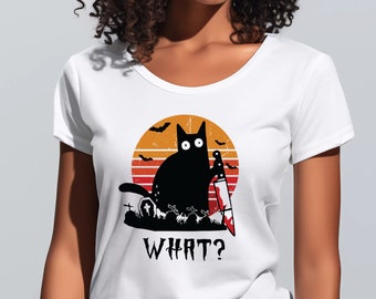 Was? Murder Cat Shirt, Friedhof Friedhof Halloween Rundhals T-shirt, lustiges Top, sarkastisches Meme T-Shirt, Humor Top