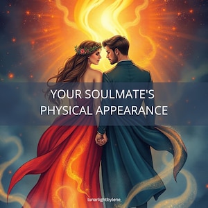 Op de afbeelding: Digitale illustratie van een stel dat elkaars hand vasthoudt, naar elkaar toegekeerd, met een heldere, gloeiende achtergrond. De vrouw draagt een rode en oranje jurk en een bloemenkrans. De man draagt een donkergroene jas. Tekst: "YOUR SOULMATE'S PHYSICAL APPEARANCE."
