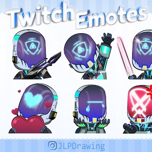 Könnte beinhalten: Ein Set mit sechs Twitch-Emojis, die einen Comic-Charakter mit einem blau-weißen Helm zeigen. Die Emojis zeigen verschiedene Ausdrücke, darunter einen neutralen Ausdruck, einen Ausdruck mit Herzaugen, einen traurigen Ausdruck und einen wütenden Ausdruck. Die Emojis sind im Comic-Stil gestaltet und eignen sich für die Verwendung auf Twitch.