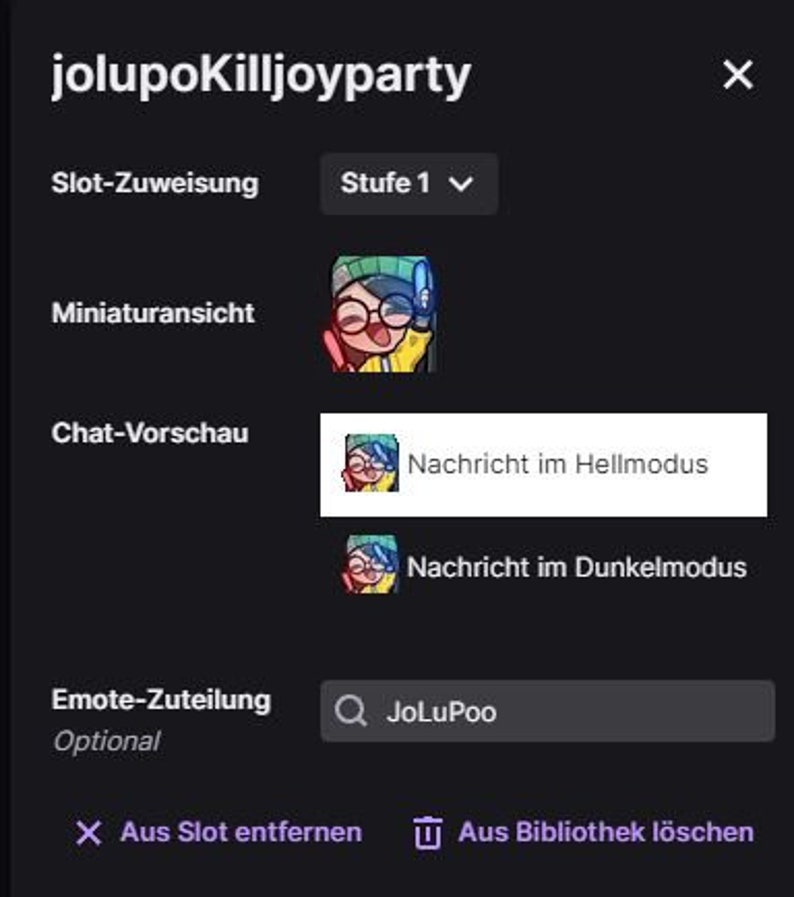 May include: A screenshot of a computer screen showing a profile for a user named "jolupoKilljoyparty". The profile shows a cartoon avatar with a blue beanie and glasses. The user has selected "Stufe 1" for the slot assignment. The screen also shows options for "Miniaturansicht", "Chat-Vorschau", and "Emote-Zuteilung".