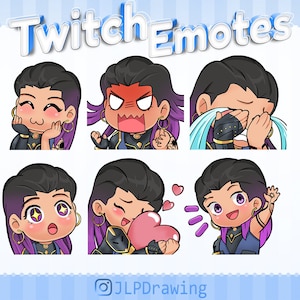 May include: Set of six Twitch emotes featuring a cartoon character with different expressions, including happy, angry, sad, surprised, blowing a kiss, and waving. The character has purple hair, dark skin, and is wearing a blue and gold outfit. The text "Twitch Emotes" is at the top of the image.