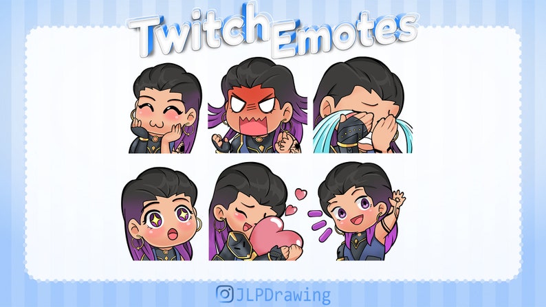 May include: Set of six Twitch emotes featuring a cartoon character with different expressions, including happy, angry, sad, surprised, blowing a kiss, and waving. The character has purple hair, dark skin, and is wearing a blue and gold outfit. The text "Twitch Emotes" is at the top of the image.