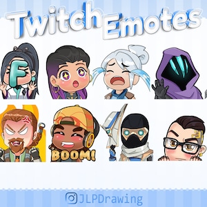 Könnte beinhalten: Eine Sammlung farbenfroher Twitch-Emotes mit verschiedenen Cartoon-Charakteren mit unterschiedlichen Ausdrücken. Der Text "Twitch Emotes" wird oben angezeigt. Die Emotes umfassen Charaktere mit Masken, Hüten und anderem Zubehör.