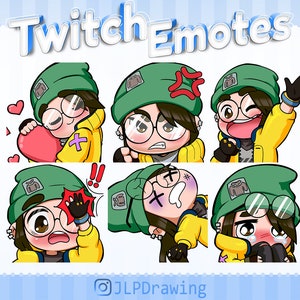 Könnte beinhalten: Satz von sechs Twitch-Emojis mit einer Comicfigur mit braunen Haaren, die eine grüne Mütze, eine gelbe Jacke und eine Brille trägt. Die Figur hat verschiedene Gesichtsausdrücke, darunter glücklich, wütend, überrascht und traurig.