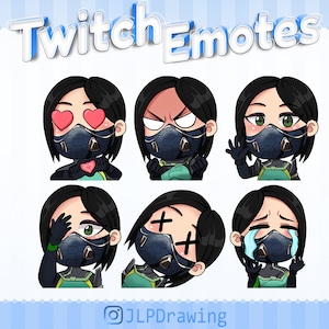 May include: Set of six Twitch emotes featuring a cartoon character with black hair wearing a black mask with green accents and different facial expressions, including hearts for eyes, angry, waving, covering eyes, dead, and crying. The text "Twitch Emotes" is at the top of the image and the text "@JLPDrawing" is at the bottom of the image.
