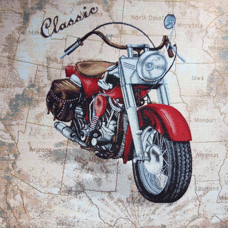 May include: A red and chrome classic motorcycle with a sidecar, set against a vintage map background. The motorcycle has a large headlight and a saddle seat. The word "Classic" is written in a stylized font above the motorcycle.