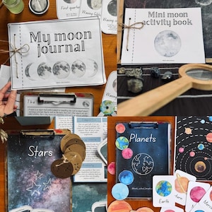 May include: Educational materials with a celestial theme, including a "My moon journal" and a "Mini moon activity book". Charts about stars and planets are also present. The items are tied with twine and feature watercolor illustrations.