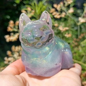 Shimmery Pastel Cat with Flower & Leaf Inside - Resin Figure - one-of-a-kind gift for cat lovers - unique handmade kitty figurine - CATLOAF
