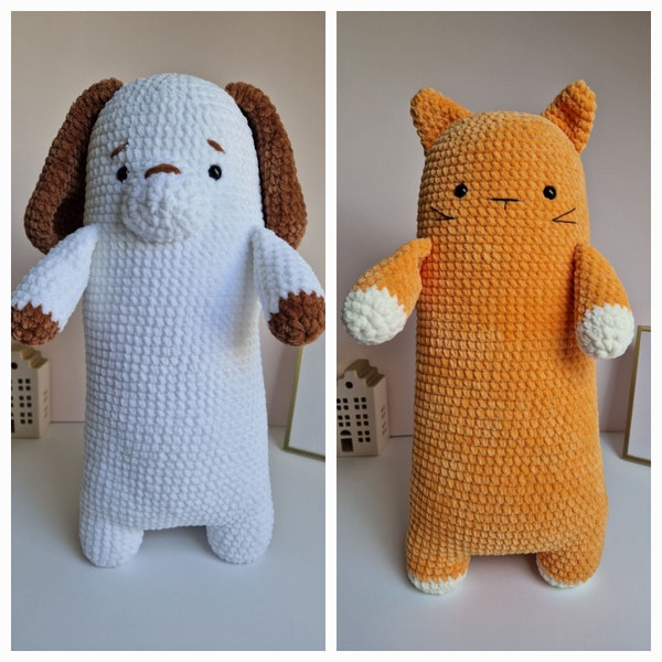 Big long cat and dog crochet pattern. Create you own big long cat and dog amigurumi plush. Great cuddle bud. Available in English and Dutch.
