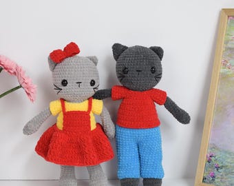 Crochet pattern for Lily and Lenny the cats. Amigurumi pattern, with 3 outfits. Make your own adorable plushies! DIY crochet pattern.