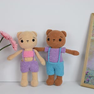 Crochet pattern for Daisy and Dirk the bears. Amigirumi pattern with 3 outfits. DIY cute bear pattern. Make your own adorable plushie.