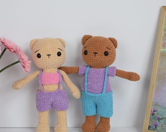 Crochet pattern for Daisy and Dirk the bears. Amigurumi pattern with 3 outfits. DIY cute bear pattern. Make your own adorable plushie.