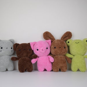 Bobo, Coco, Ferdinand, Knor and Luna crochet patterns. Make your own adorable bear, bunny, frog pig and cat. English PDF pattern, US terms.
