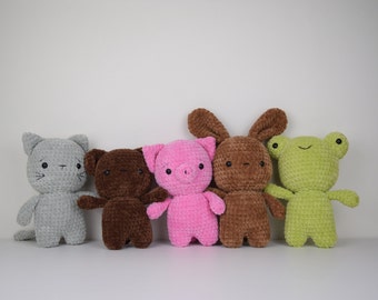 Bobo, Coco, Ferdinand, Knor and Luna crochet patterns. Make your own adorable bear, bunny, frog pig and cat. English PDF pattern, US terms.