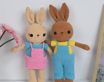 Crochet pattern for Rosie and Ricky the bunnies. Amigurumi pattern with 3 outfits. Make your own adorable plushie. Bunny crochet pattern
