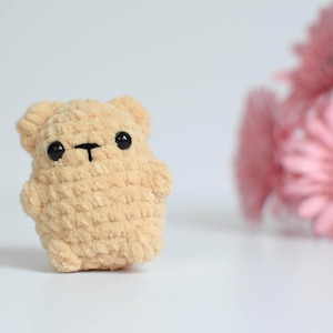Op de afbeelding: Een kleine, bruin gehaakte beer met zwarte knoopogen en een gestikte mond. Het pluche speelgoed heeft een getextureerd, fuzzy uiterlijk en staat rechtop. Een roze bloem is wazig op de achtergrond.