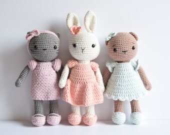 DUTCH PATTERN. Crochet pattern for Daisy, Lily and Rosie. Make your own cute dolls with dresses. Pattern only! DIY. Make your own plushie.