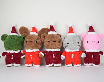 Bobo, Coco, Ferdinand, Knor and Luna Christmas patterns, make your own bear, bunny, frog, pig or cat amigurumi. ENG PDF pattern, US terms.