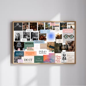 May include: A framed collage featuring various images and text. The collage includes photos of people, nature scenes, and inspirational quotes like "Make Your Mental Health a Priority" and "I am financially free."