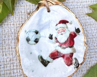 Santa Soccer Oyster Ornament | Coastal Christmas Décor | Hand-Gilded Nautical Ornament | Holiday Present for Futbol Players -  Goalie Kicker