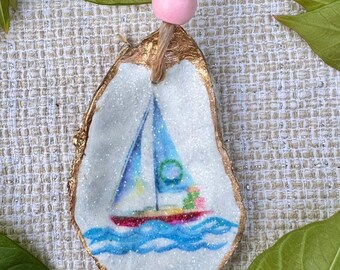 Holiday Sailboat Oyster Shell Ornament | Coastal Christmas Décor | Hand-Gilded Nautical Ornament | Chesapeake Bay Gift