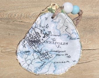 Annapolis Vintage Map Oyster Shell Ornament with Gold Trim – Handmade Coastal Keepsake