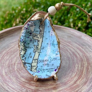 Ocean City Maryland Nautical Chart Gilded Oyster Shell.  Gold Oyster ornament, ring/trinket dish, wine tag or magnet.Unique Gift