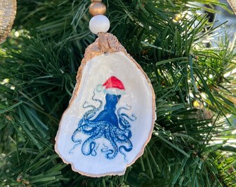 Gilded Oyster Shell Ornament:  Octopus Santa - Beachy Christmas Decor