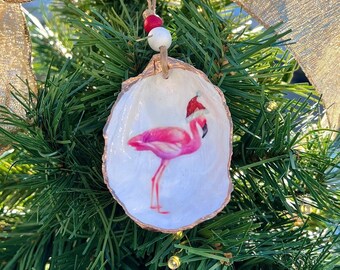 Gilded Oyster Shell Ornament/Ring Dish - Flamingo Santa - Beachy Christmas Decor