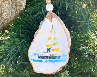 USNA Gilded Oyster Shell Ornament: Watercolor Sailboat, Naval Academy Gift
