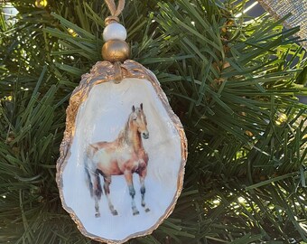 Gilded Chesapeake Oyster Shell Ornament: Watercolor Horse Equestrian Decor