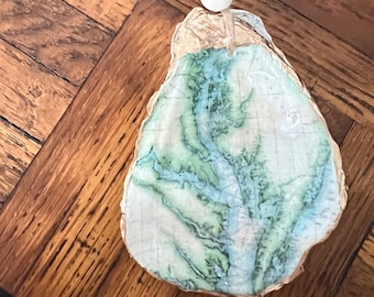 Gilded Oyster Shell Ornament/Ring Dish: Vintage Chesapeake Bay Map Art - Maryland, Virginia Gift