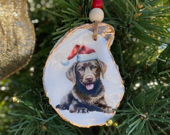 Gilded Chesapeake Oyster Shell Ornament: Chocolate Lab Holiday Decor