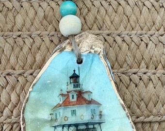 Oyster Shell Ornament, Thomas Point Lighthouse, Gold Edge Decoupage, Nautical Maryland Gift