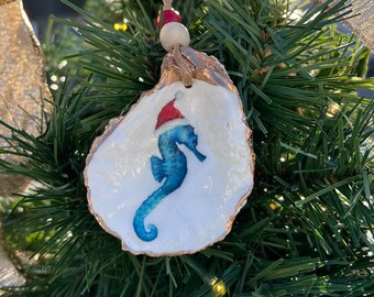 Locally sourced & handcrafted Chesapeake Bay oyster shell with festive holiday seahorse. Ornament, Ring/Trinket Dish, magnet or wine charm.