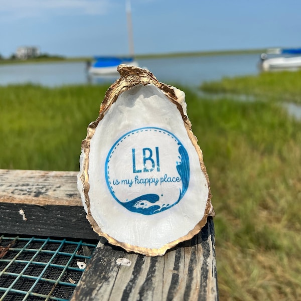 Long Beach Island LBI is my happy place gilded oyster shell. Unique Gift I Ring Dish I Ornament I Wine Tag I Handmade I New Jersey Shore